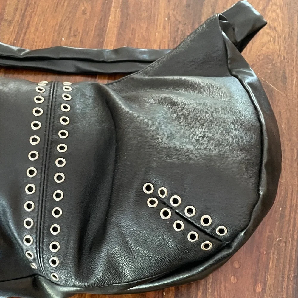 Excelled Collection Black Leather Hobo bag w/ Metal Grommets